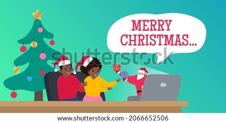 merry christmas african american children boy and girl chatting with santa claus with gifts video call conference using laptop vector illustration