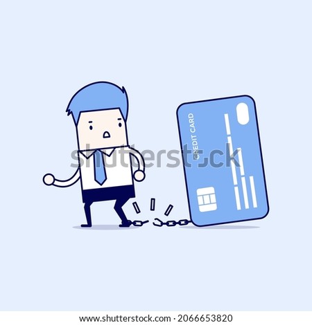 Businessman breaks free from the chain to bank credit card. Cartoon character thin line style vector.