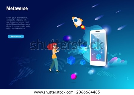Metaverse, virtual reality technology, user interface 3D experience with smartphone and digital devices. woman using vr headset online connecting to virtual space and universe on smart phone. Royalty-Free Stock Photo #2066664485