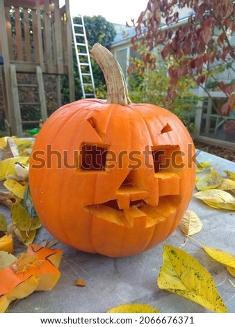 A pumpkin carved into a jack-o'-lantern for Halloween. Halloween pumkin with face Close up