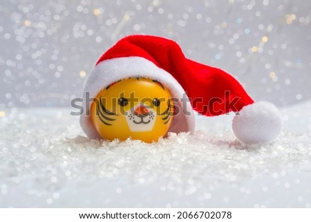 The symbol of the new year is a tiger in a Santa hat on the snow against a background of bokeh lights. Close up of new year concept