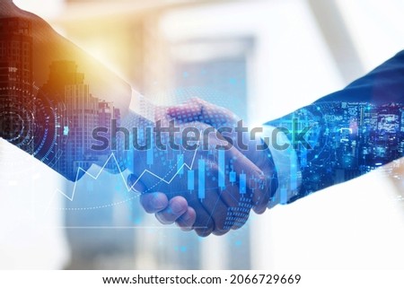 Two businessman investor handshake with effect global world map network link connection and graph chart stock market diagram, digital technology, internet communication, partnership meeting concept Royalty-Free Stock Photo #2066729669