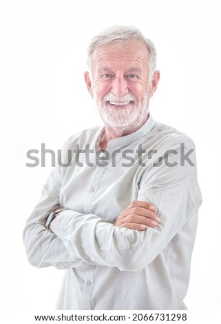 Healthy happy smile senior elderly caucasian old arm crossed isolated on white background. Golden age healthcare cheerful lifestyle freedom relax retirement concept. 

