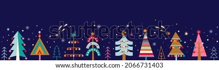 Set of hand drawn christmas trees with toys under the snow in Scandinavian style. Xmas isolated cozy decor elements. Template for print, wishing,design,leaflets, posters, business cards, web.Vector