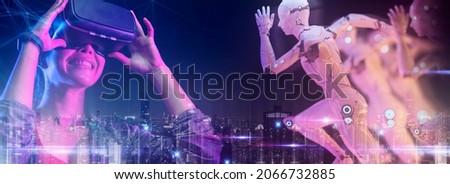Future digital technology metaverse game and entertainment, Teenager having fun play VR virtual reality avatar, sport game 3D robot in cyber space metaverse futuristic neon colorful background,  Royalty-Free Stock Photo #2066732885