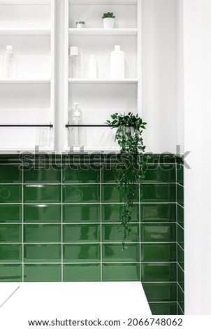 Bathroom interior with green tiles and white cabinets on the wall.