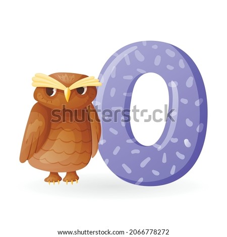 Kids banner with english alphabet letter O and cartoon image of wise forest owl