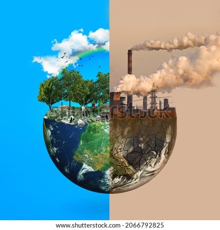 Eco Solution Conecpt. Half sphere of planet earth with and without pollution, One side is clean and green with boom of wild life and other is showing industrial pollution destroying earth Royalty-Free Stock Photo #2066792825
