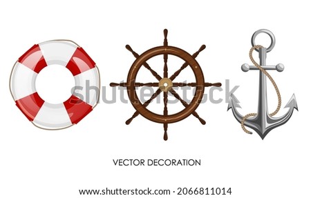 Set of lifebuoy, wooden steering wheel, anchor with rope on white background. Isolated vintage ship objects. Elements of sea boat equipment . Marine theme decoration. Vector illustration Royalty-Free Stock Photo #2066811014