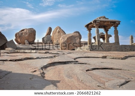 Picture of ancient temple ruins and rocks at UNESCO world heritage site at Hampi, Karnataka, India.