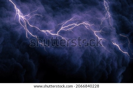 A branched lightning bolt crawls in dark night clouds. Thunderstorm in clouds.