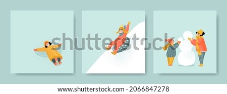 Set of vector illustrations with children's winter activities. The girl in the snow depicts an angel, the boy is rolling down the snowy hill, the children are making a snowman.