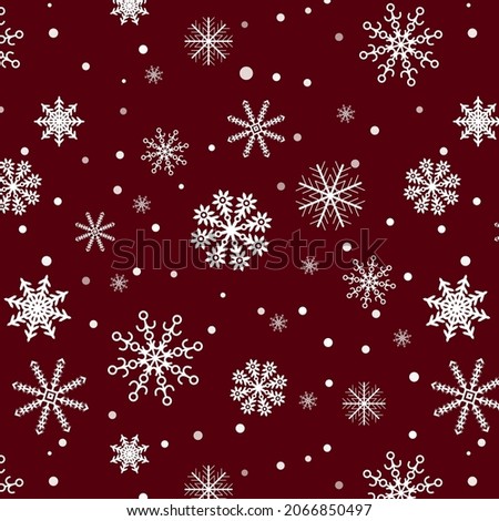 Seamless pattern with doodle snowflakes on a burgundy background. Christmas Pattern for gifts. White snowflakes. Flat vector illustration