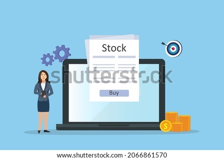 Stock vector concept. Young businesswoman buying stock online on laptop while standing with dartboard background
