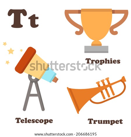 Alphabet T letter.Telescope,Trophies,Trumpet