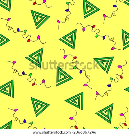 Seamless vector pattern with Christmas trees zigzag with lights on a yellow background