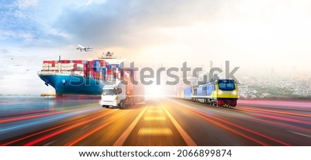 Global business logistics import export and container cargo freight ship, freight train, cargo plane, container truck on highway at city background with copy space, transportation industry concept Royalty-Free Stock Photo #2066899874