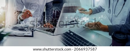 Double exposure of technology healthcare And Medicine concept. Doctors teamwork with modern virtual screen interface icons panoramic banner, blurred background.