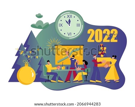 2022 Happy New Year trendy and minimalistic card or background.
Small people are preparing for holiday.
