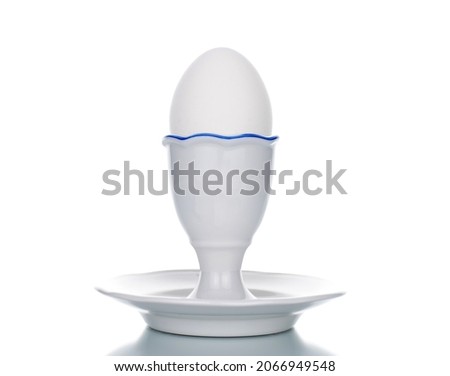 One white chicken egg with ceramic stand, close-up, isolated on white.