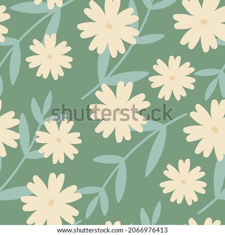 Floral seamless pattern square motif design. Cute hand drawn flowers on green background. Plant branch with leaves botanical nature print texture for textile, fabric, wrapping design. Colorful vector