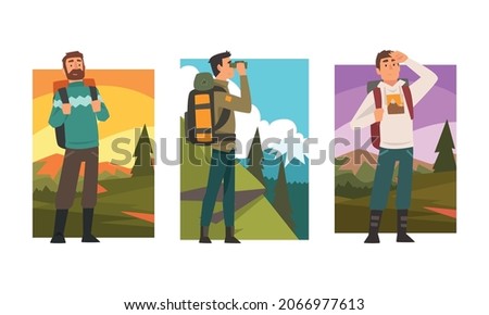 Man Traveller or Explorer with Backpack Standing and Looking Ahead Vector Set