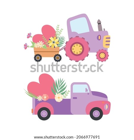 Cute Tractor and Van with Cart Full of Flowers and Hearts Vector Set