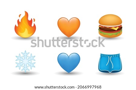 6 Emoticon isolated on White Background. Isolated Vector Illustration. Hamburger, fire flame, orange and blue heart, snowflake, shorts vector emoji Illustration. 3d Illustration set.