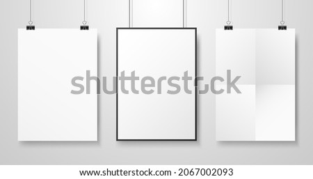 White posters mockup. Three different paper sheets with shadow. Photo blanks collection hanging on wall. A4 realistic templates. Vector illustration.