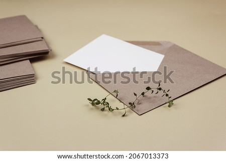 A clean white sheet in a brown envelope with a sprig of thyme. Mockup of invitation and greeting card.