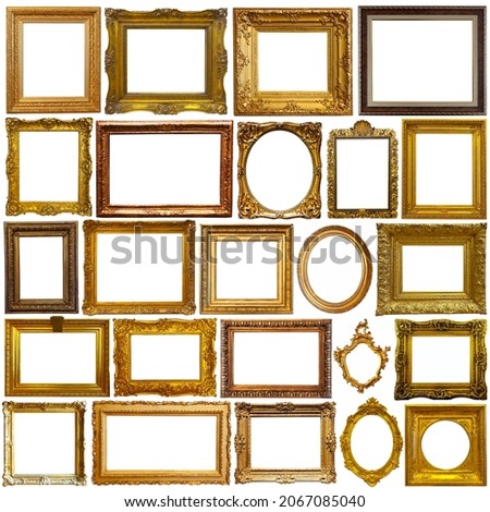 Set of isolated on white background art empty frames in golden and silvery color