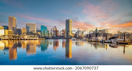 Downtown Baltimore city skyline , cityscape in Maryland USA at twilight