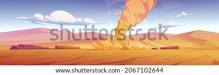 Tornado, wind storm with air funnel in desert. Vector cartoon illustration of dangerous weather phenomenon, sand whirlwind, dusty twister in desert with yellow dunes Royalty-Free Stock Photo #2067102644