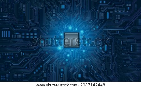CPU Chip on Motherboard - abstract 3D render of a computer processor chip on a circuit board with microchips and other computer parts Royalty-Free Stock Photo #2067142448