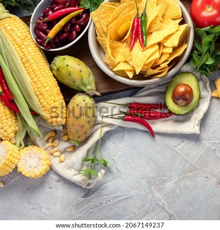 Mexican dishes and snacks assortment on light gray background. Cuisines of the world concept. Top view, flat lay, copy space