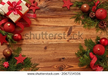 Christmas lights and decoration with presents making a frame with copy space