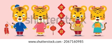 2022 year of the tiger CNY character design set. Cute cartoon male and female tigers holding fire craker, red lantern, red packet and tangerine. (text: Chinese new year greetings)
