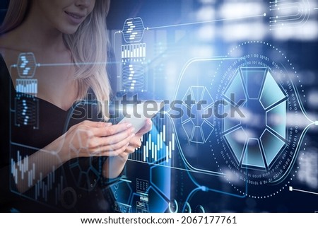 Office woman hands using a smartphone, double exposure hud with binary coding system and data service. Manager in global communication network and personal information