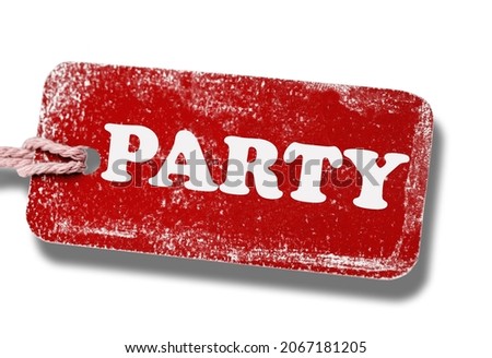 Red cardboard price tag with PARTY text isolated on white background