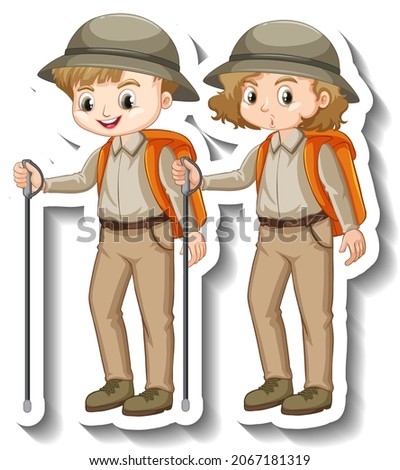 Couple kids wear safari outfit cartoon character sticker illustration