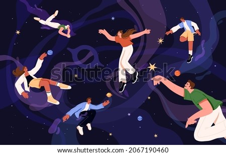 Searching for ideas and inspiration concept. Creative young people learning, exploring world and finding new ways. Happy inspired men and women discovering smth. Conceptual flat vector illustration