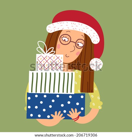 Girl in glasses with gifts for Christmas