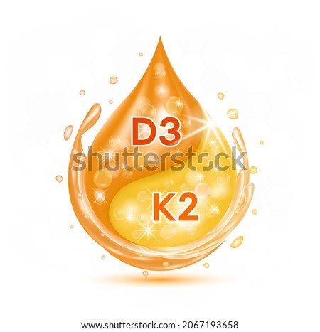 Drop vitamin D3 and K2 for bone health. Pharmaceutical Capsule with minerals orange. Medical and dietary supplement health care concept. 3D Vector EPS10 Royalty-Free Stock Photo #2067193658