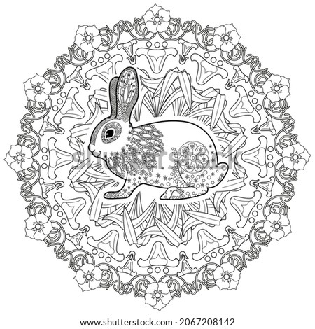 Art therapy coloring page. Outline Mandala and Cute Rabbit for coloring. Decorative round ornament. Anti-stress therapy scheme. Weaving design element.