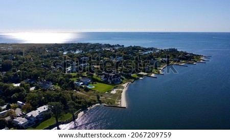 An aerial view of Bayshore looking out to the sea, New York 