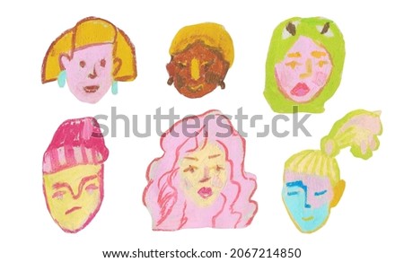 Set of wax crayons illustrations with portraits of people on a white isolated background.Children's collection of hand-drawn in pastel.Simple pencil clip art.Designs for stickers,packaging,cards.