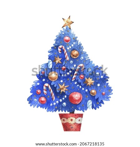 Watercolor illustration Christmas tree isolated on white background. Bright Christmas tree decorated with garlands, Christmas decorations and a gold star.