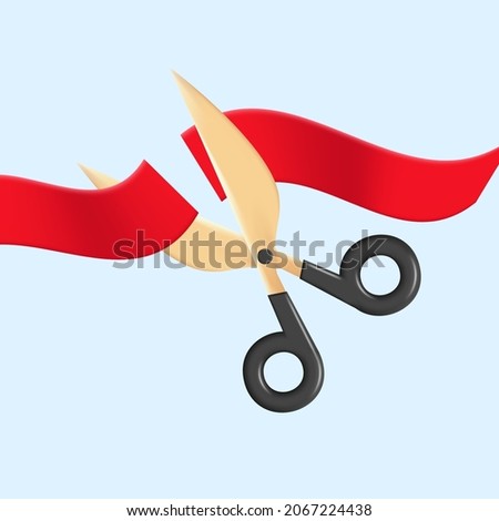 3d render illustration of golden scissors with black handle cutting red ribbon