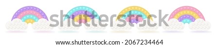 Set of popit rainbows on the clouds as a fashionable silicon fidget toys. Antistress toy for fidget in pastel colors. Bubble sensory popit toy. Vector illustration isolated on a white background. Royalty-Free Stock Photo #2067234464