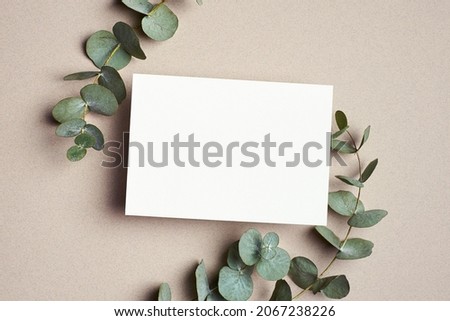 Greeting or wedding invitation card mockup with natural eucalyptus twigs. Royalty-Free Stock Photo #2067238226
